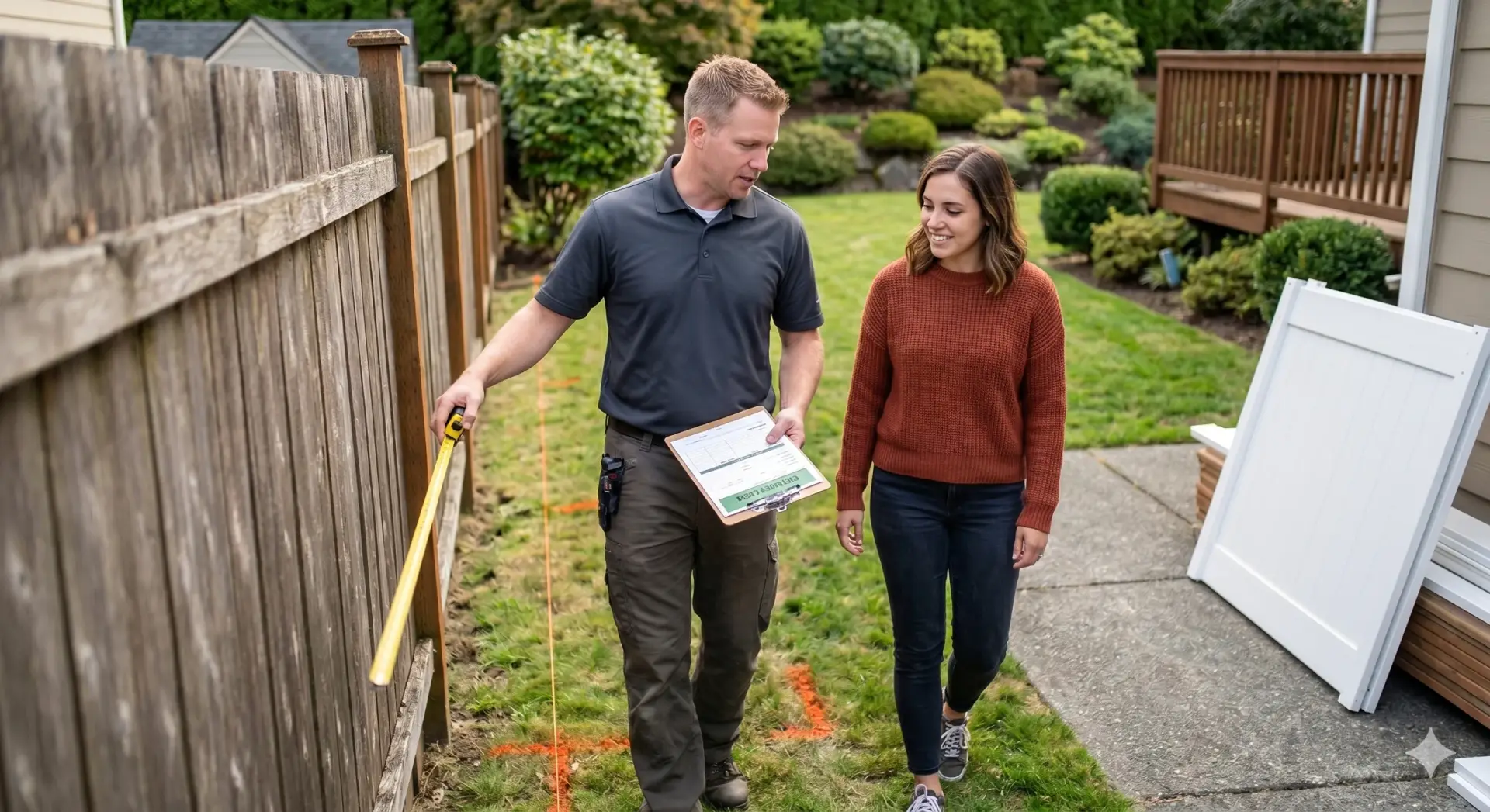 Contractor holding a clipboard discusses a vinyl fence estimate with a homeowner next to an old wooden fence.