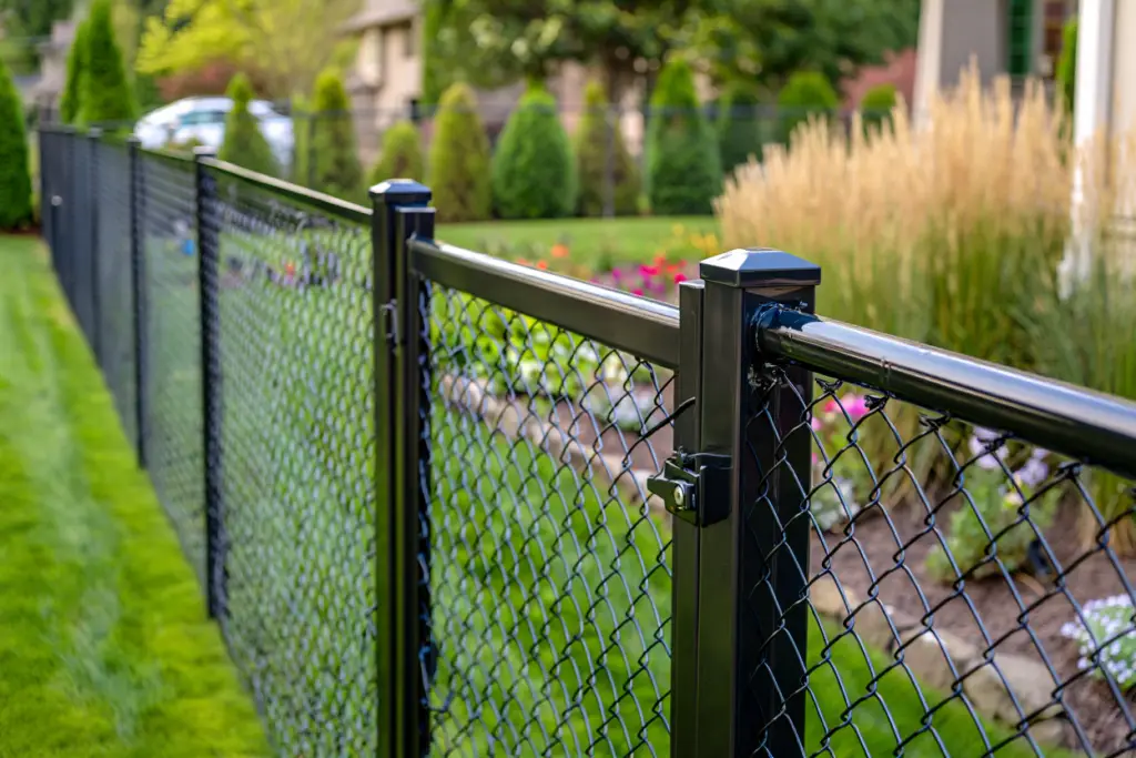 A modern black vinyl coated chain link fence installed along a green residential yard next to garden flowers.