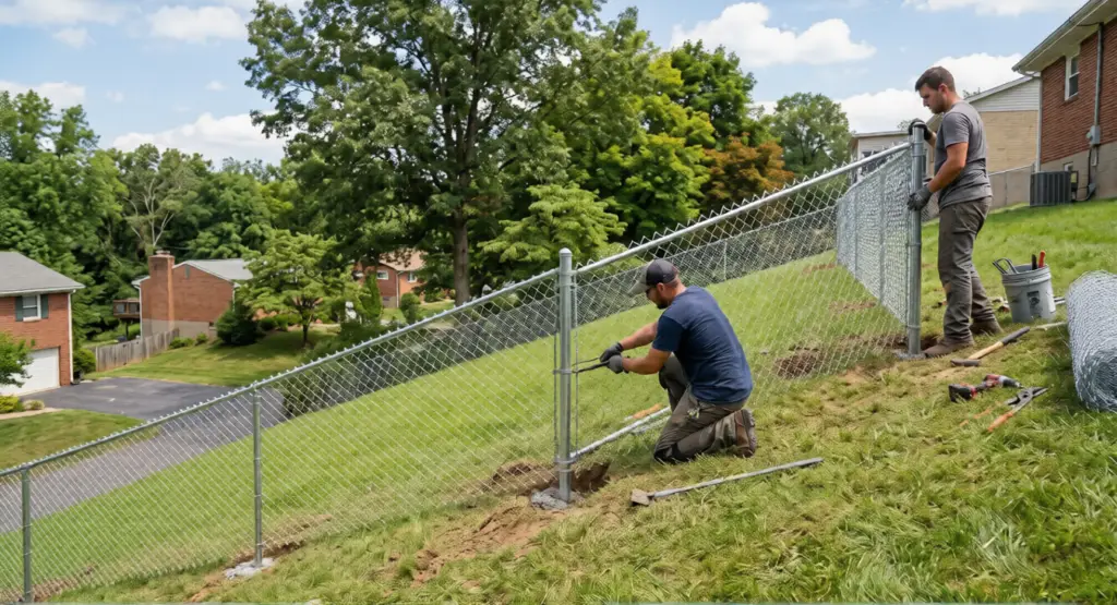 Two contractors installing a galvanized steel chain link fence on a steep, uneven backyard hill.
