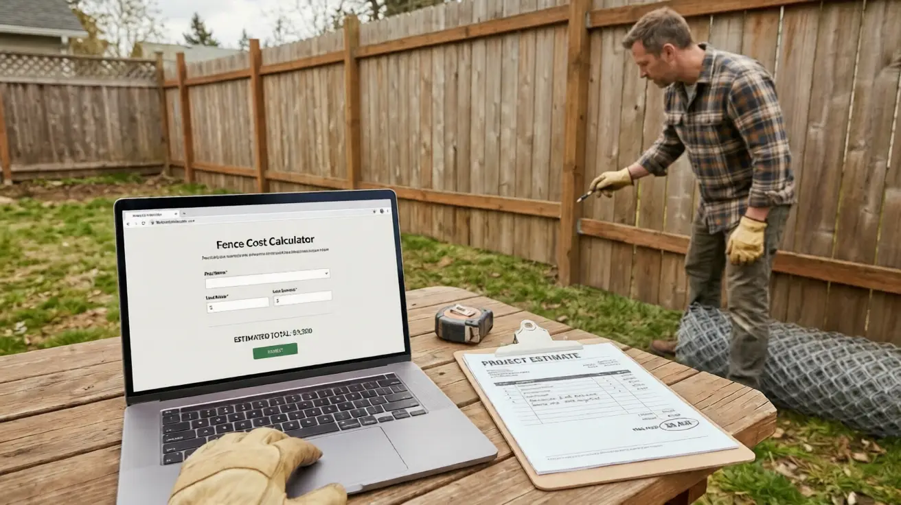 A laptop displaying an online fence cost calculator with an estimated total next to a printed project estimate sheet on a backyard table.
