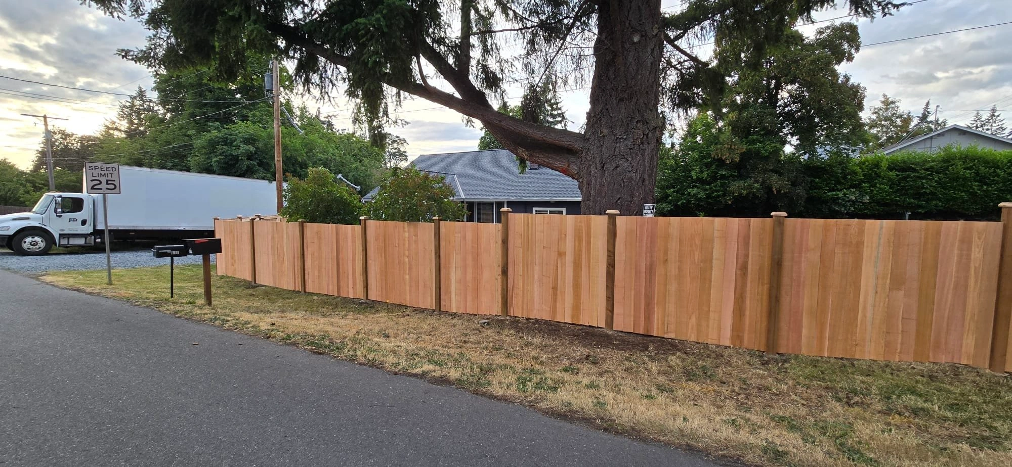 A neat Estate Cedar Fence Installation in Spanaway, WA runs alongside a street with mailboxes and a large tree.