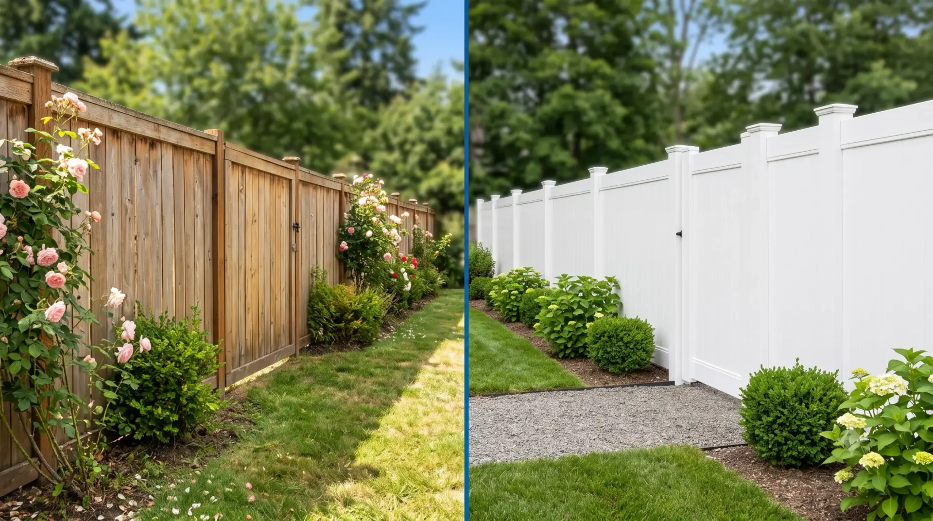 A split screen showing a simple wood fence design on the left and a white vinyl fence on the right.