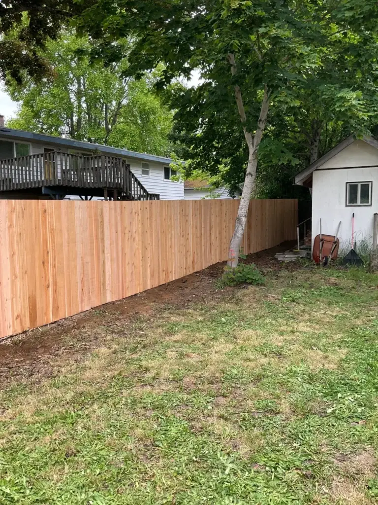 Side profile view of a newly finished natural cedar wood privacy fence running along a property line.
