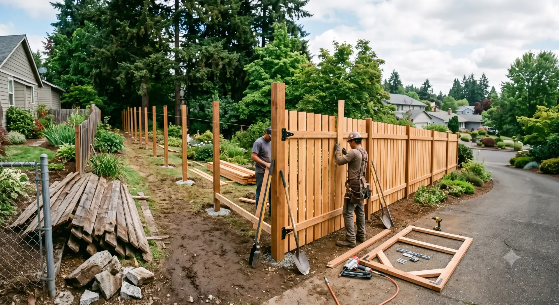 Workers construct a new wooden fence; details for fence installation cost Portland estimates.