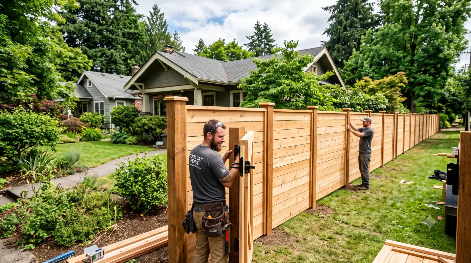 Two fencers build a new wood fence in a suburban yard; understanding a 100-foot fence cost in Portland starts with quality.