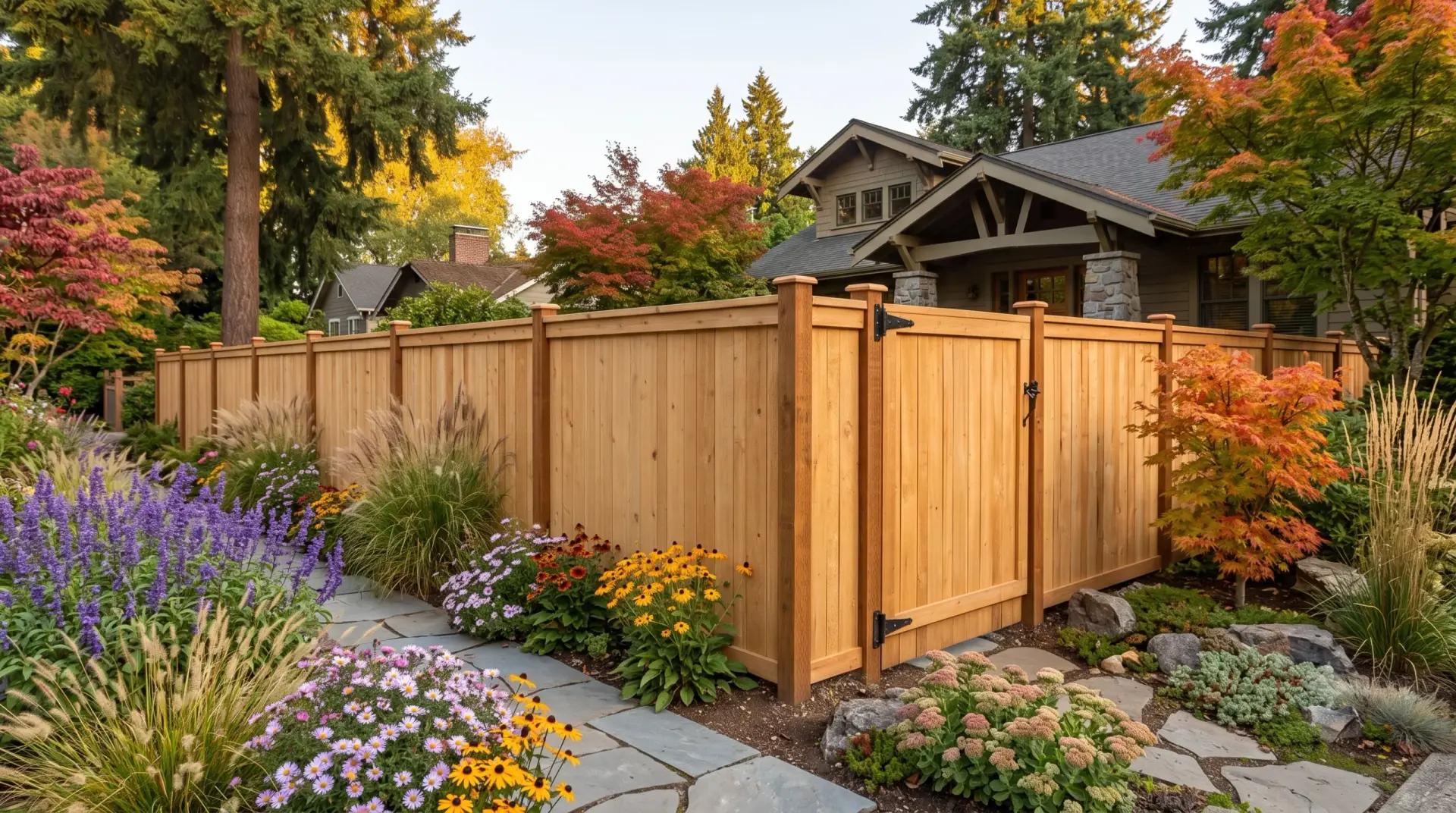 Lush garden path with flowers leading to a newly installed 100-foot fence with accurate cost details for Portland.