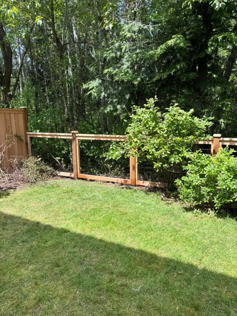 Low wood frame fence with black wire grid paneling along a lawn next to a forest.