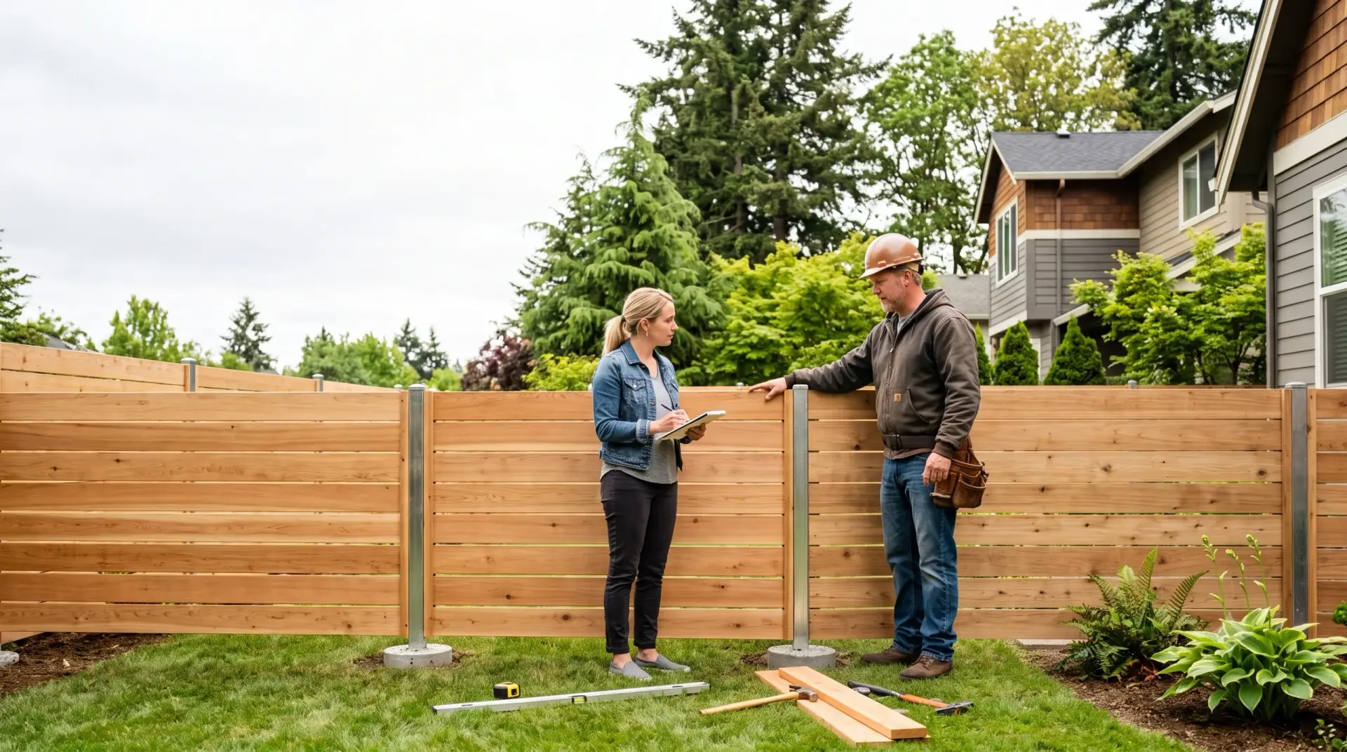 Contractor discussing a horizontal wood fence installation in Portland with a homeowner outdoors.