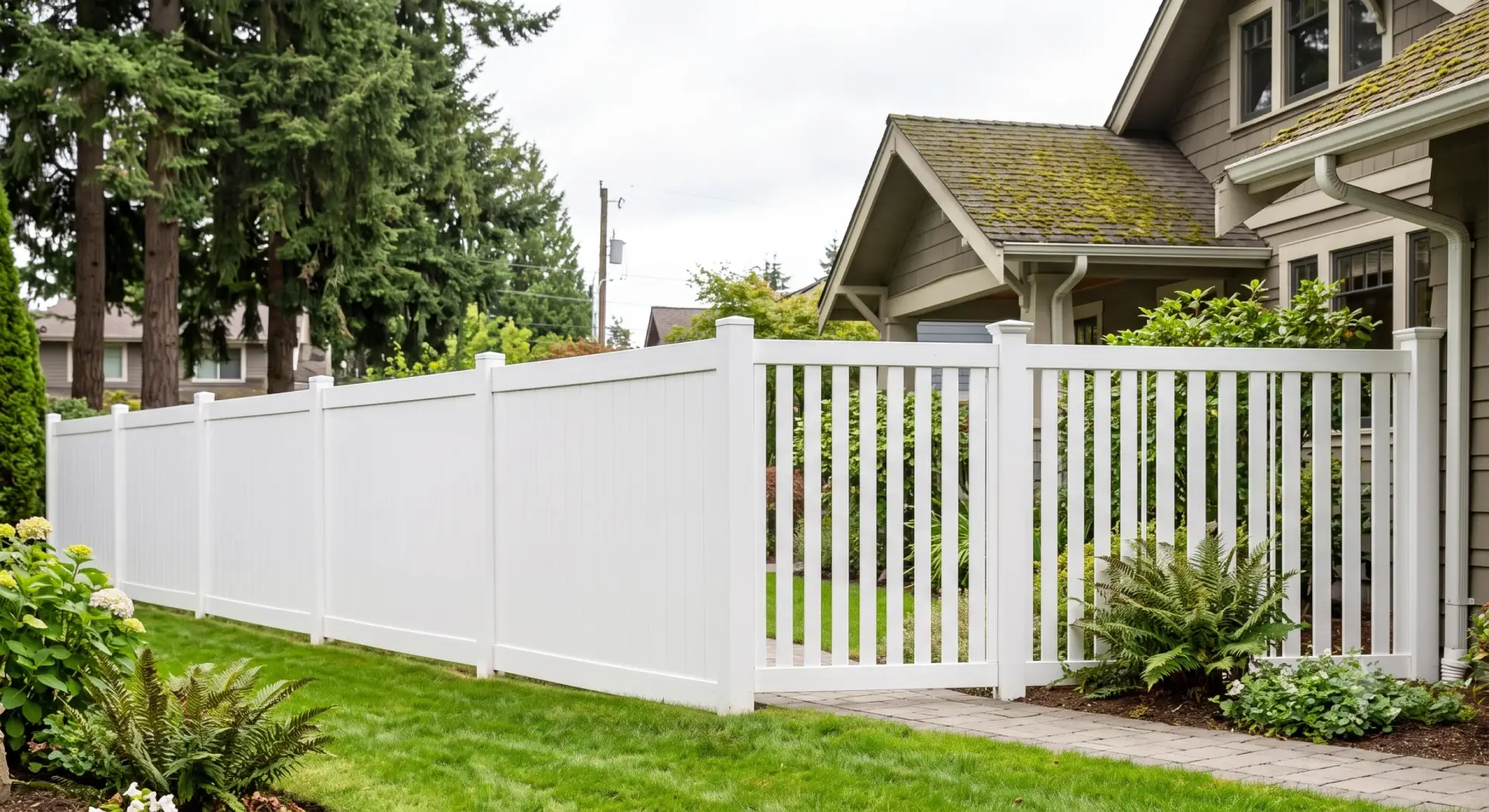 A white vinyl privacy fence Seattle home installation with a gate and lush green lawn.